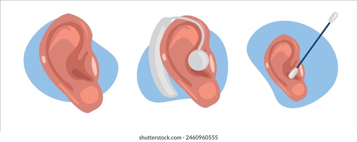 Ear, ear cleaning and hearing aid vector illustration