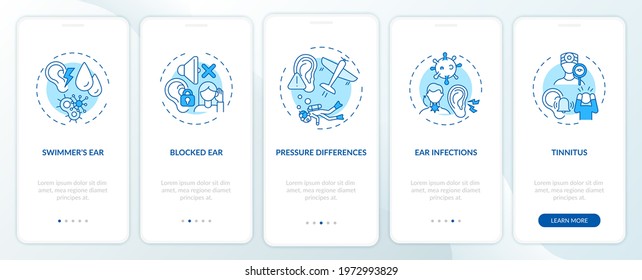 Ear Conditions Onboarding Mobile App Page Screen With Concepts. Tinnitus, Blocked Ear Walkthrough 5 Steps Graphic Instructions. UI, UX, GUI Vector Template With Linear Color Illustrations