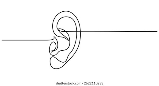 Ear continuous one line art drawing of isolated outline vector illustration, Human ear one continuous line .  Single line editable vector drawing of the hearing part of the body.  Concept of the World