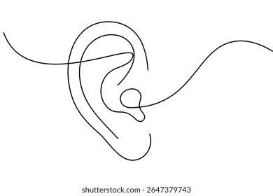 Ear continuous one line drawing in minimalist style with isolated outline vector illustration