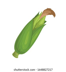An ear of corn cob with husk and silk. Cartoon trendy style. Maize. Bright ripe vegetable. Vector illustration isolated on white background.