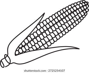 Espiga de maíz, dibujo de línea continua. Símbolo de la cosecha de la agricultura, ingrediente orgánico de la comida, vegetal del verano. Arte lineal minimalista de maíz, concepto de alimentación saludable. Diseño moderno de una sola línea.