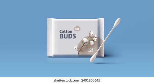 Ear cotton buds package design with 3d cotton flower blossom and cotton bud sample, eco cosmetics