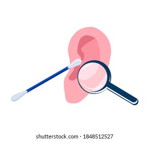 Ear with cotton swab and magnifying glass.Hearing protection and care.Deafness prevention and otolaryngology.Personal hygiene daily routine.Cleaning the ear canal with bud and removing ear wax,cerumen