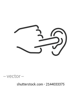 ear covered with a finger icon, human closed from noise, tinnitus, thin line symbol on white background - editable stroke vector illustration