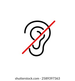 Ear crossed out with red line. Silent mode, audio playback off. Hearing impaired or deaf people friendly environment. Pixel perfect, editable stroke vector icon