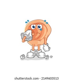 ear cry with a tissue. cartoon mascot vector