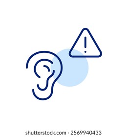 Ear and danger alert. Excessive noise, hearing damage warning. Dangerous sound levels, ear health safety notification. Pixel perfect, editable stroke icon 