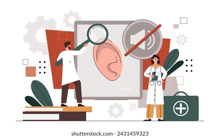 Ear deafness concept. Team of doctors conduct research of ear structure. Scientific research. Health care, treatment and medicine. Cartoon flat vector illustration isolated on white background