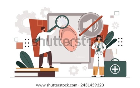 Ear deafness concept. Team of doctors conduct research of ear structure. Scientific research. Health care, treatment and medicine. Cartoon flat vector illustration isolated on white background