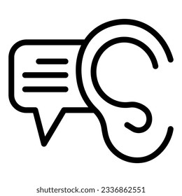 Ear and dialogue line icon. Ear listening with text bubble symbol, outline style pictogram on white background. Audio advertising sign for mobile concept and web design. Vector graphics