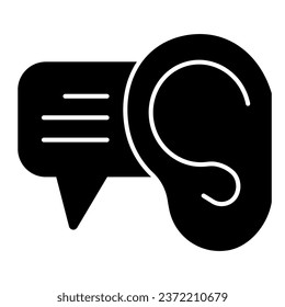 Ear and dialogue solid icon. Ear listening with text bubble symbol, glyph style pictogram on white background. Audio advertising sign for mobile concept and web design. Vector graphics