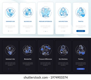 Ear disorders onboarding mobile app page screen with concepts. Ear blockage walkthrough 5 steps graphic instructions. UI, UX, GUI vector template with linear night and day mode illustrations