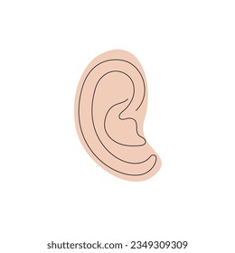 Oído dibujado en una línea continua de color. Dibujo de una línea, minimalismo. Ilustración vectorial.