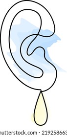 Ear With Drop Continuous Line Drawing. Ear Infection. Inflammation And Fluid Buildup. Otitis Media. Hearing Loss. Vector Illustration