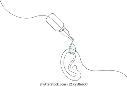 Ear Drops Continuous One Line Drawing. Earwax Removing. Ear Inflammations Prevention. Reducing Pain. Vector Illustration.