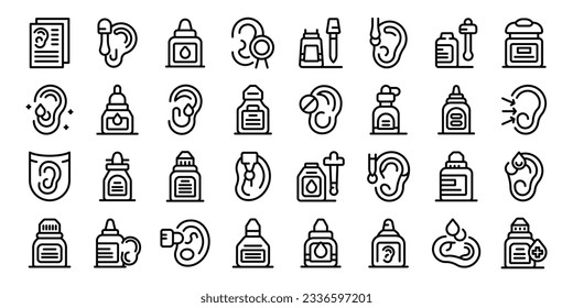 Ear drops icons set outline vector. Doctor bottle. Medicine drops