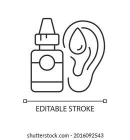 Ear drops linear icon. Earwax removing. Ear inflammations prevention. Reducing pain. Thin line customizable illustration. Contour symbol. Vector isolated outline drawing. Editable stroke