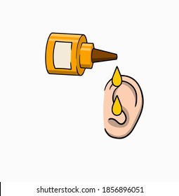 Ear drops. Medicine for hearing. Scheme of application of drug. Bottle of liquid. Cartoon Human organ. Element of hospital and doctor.