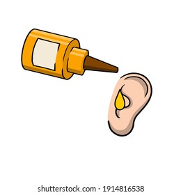 Ear drops. Scheme of application of drug. Bottle of liquid. Cartoon Human organ. Medicine for hearing. Element of hospital and doctor