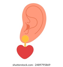 Ear with earring. Piercing. Heart earring, summer fashion jewelry. Hand drawn trendy flat style isolated modern jewelry. Vector illustration