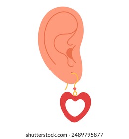 Ear with earring. Piercing. Heart earring, summer fashion jewelry. Hand drawn trendy flat style isolated modern jewelry. Vector illustration