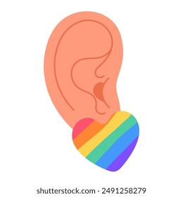 Ear with earring. Piercing. LGBTQ colors Heart earring, summer fashion jewelry. Hand drawn trendy flat style isolated modern jewelry. Vector illustration