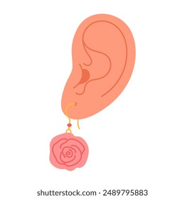 Ear with earring. Piercing. Rose earring, summer flower jewelry. Hand drawn trendy flat style isolated modern jewelry. Vector illustration