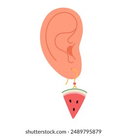 Ear with earring. Piercing. Summer jewelry Watermelon slice earring. Hand drawn trendy flat style isolated modern jewelry. Vector illustration