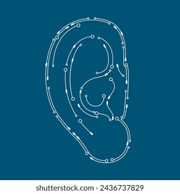 Ear electronic circuit board outline model. Isolated on blue background. Science medical technology concept. Vector EPS10 illustration.