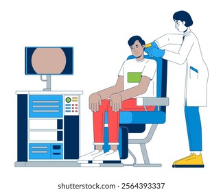 Ear examination cartoon flat illustration. Asian female audiologist with ent device. Otolaryngologist performing patient checkup 2D characters isolated on white background. Vector colorful image