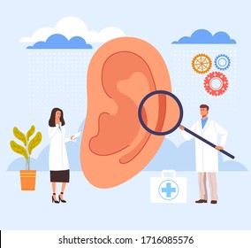 Ear examination ill searching in doctor office. Vector graphic design illustration