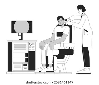 Ear examination linear illustration. Asian female audiologist with ent device. Otolaryngologist performing patient checkup 2D line characters isolated on white. Monochrome vector outline image