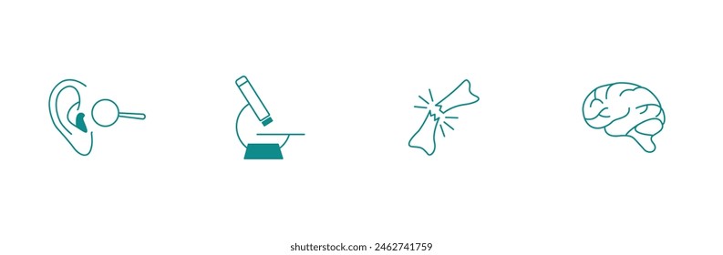 Ear Examination, Microscope, Bone Fracture, and Human Brain Vector Icon Set