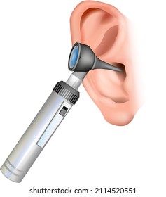 Ear examination Otoscopy. Examination of the external auditory canal to an examination of the eardrum. Realistic illustration of the ENT specialist tools otoscope and ear.