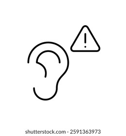 Ear and exclamation mark in triangle. Noise warning. No eavesdropping, confidential information shared. Hearing protection assistance. Pixel perfect, editable stroke vector icon