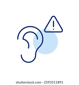 Ear and exclamation mark in triangle. Noise warning. No eavesdropping, confidential information shared. Hearing protection assistance. Pixel perfect, editable stroke vector icon