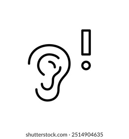 Orelha e ponto de exclamação. Notificação de som urgente, potenciais ruídos altos, alerta de sensibilidade auditiva. Ícone de vetor perfeito de pixel