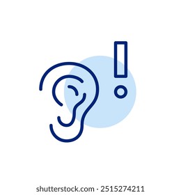 Ear and exclamation mark. Urgent sound notification, potential loud noises, hearing sensitivity alert. Pixel perfect, editable stroke icon