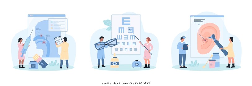 Ear and eyes, nose, and throat health set vector illustration. Cartoon tiny doctors check hearing and otolaryngology diagnosis in ENT clinic, ophthalmologists test eyesight on ophthalmology exam