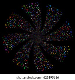 Ear fireworks swirl rotation. Vector illustration style is flat bright multicolored iconic symbols on a black background. Object whirl made from random symbols.