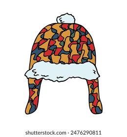 Ear flap hat doodle Hand drawn winter accessories. Single design element for card, print, design, decor