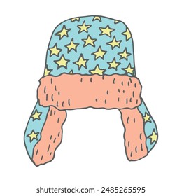 Ear flap hat doodle Hand drawn winter accessories. Single design element for card, print, design, decor