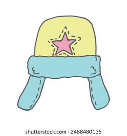 Ear flap hat doodle Hand drawn winter accessories. Single design element for card, print, design, decor