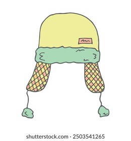 Ear flap hat doodle Hand drawn winter accessories. Single design element for card, print, design, decor
