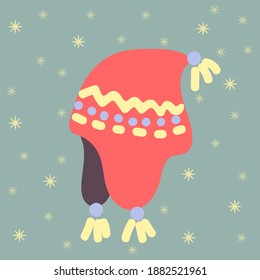 Ear flap knitted hat with a pom pom. Vector hand drawn doodle illustration isolated on background with snowflakes.