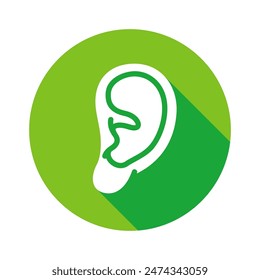 Ear flat icon design, human ear vector image, sense of hearing illustration, green circle icon, flat design with long shadow