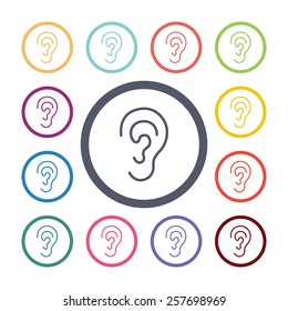 ear flat icons set. Open colorful buttons 