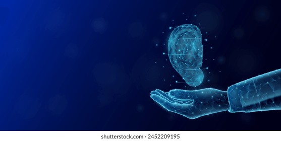 Ear floats in the nurse doctor hand. Human organ low poly polygon style. On dark blue background with empty copy space for text. Medical health care concept. Vector illustration.