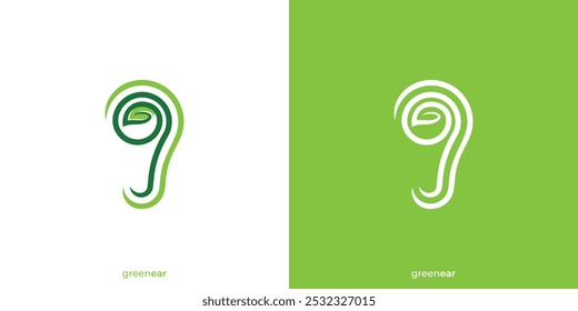 Grünes Ohrlogo. Ohr und Blatt mit minimalistischem Stil. Ohrpflege-Logo, Symbol, Symbol, Vektorgrafik, Design-Inspiration.